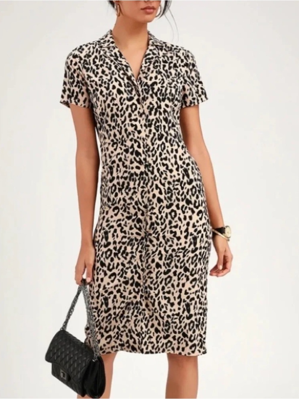 Lulus Ashlyn leopard print midi shirt dress collared neckline short sleeves L